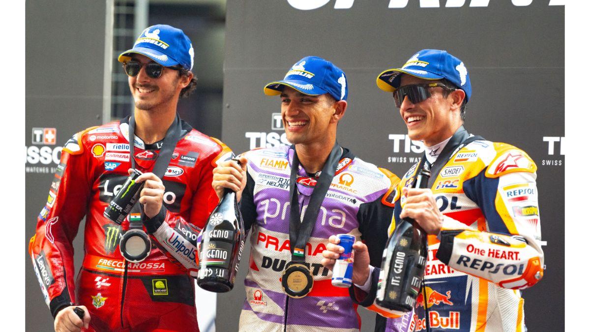 Left to Right: Francesco Bagnaia Jorge Martin and Marc Marquez on the podium after the Tissot Spring session on Saturday at the IndianOil Grand Prix Of India