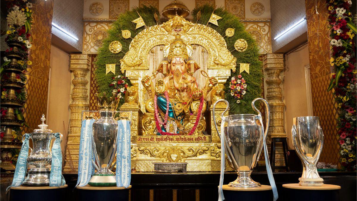 The Manchester City treble trophy tour arrives in Mumbai during the iconic Ganapati festival.